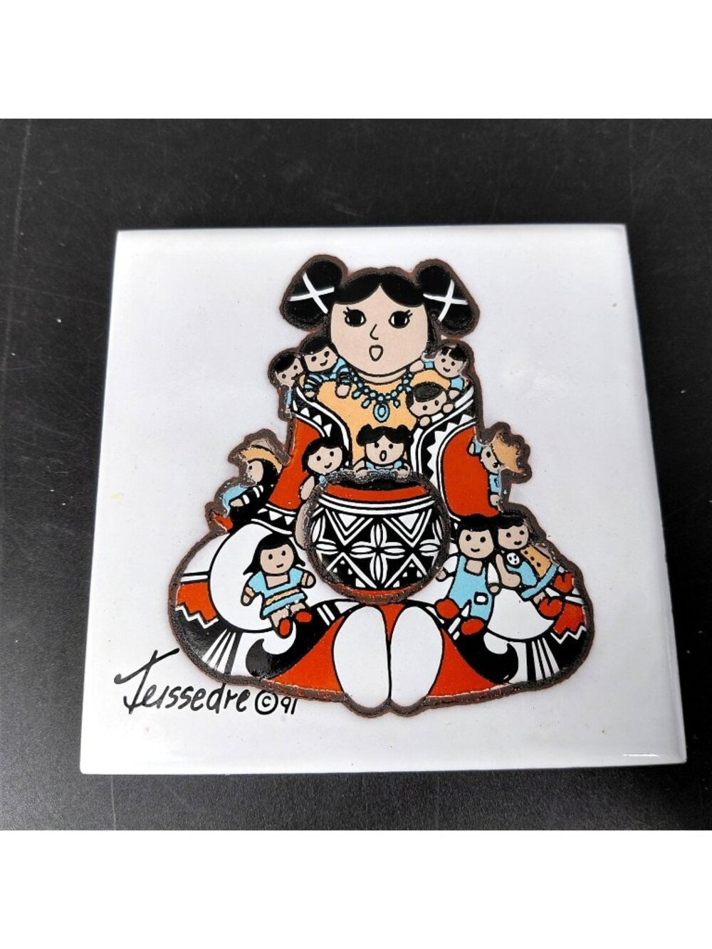 Vintage Teissedre Designs Coaster Ceramic Square Cleo Storyteller Trivet USA 90s